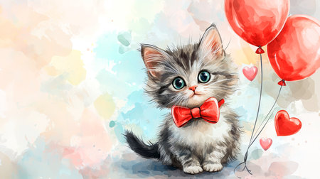 Cute Gray Kitten with Red Bow Sitting Beside Heart Balloons Watercolor Illustration. Concept of Playful Pets, Valentine's Day Theme, and Adorable Animals in Art. Valentine's Day. Copy space.の写真素材