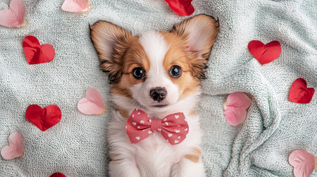 Adorable Puppy with Heart Bow Lying on Soft Blanket Surrounded by Red Petals Concept of Cuteness,...