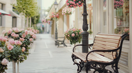 Serene City Lane with Flower-Lined Benches and Blossoming Roses in Summer Urban Escape Art. Valentine's Day.の写真素材
