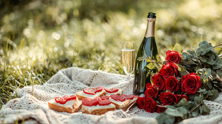 Romantic Outdoor Picnic Setup with Champagne and Red Roses Concept of Love, Celebration, Relaxation, and Nature. Valentine's Day.の写真素材