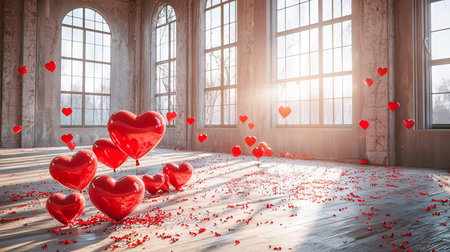 A Room Filled with Red and Pink Heart Balloons in Sunlit Space. Concept of Love, Celebration, Romantic Atmosphere, and Joyful Occasions.. Valentine's Day. Copy space.の写真素材