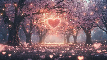 Enchanted Forest with Glowing Heart Amid Cherry Blossom Trees Magic of Love and Nature in a Serene Fantasy Landscape. Valentine's Day.の写真素材