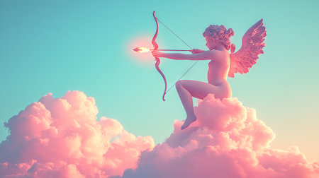 Ethereal Cupid Figure with Bow and Arrow in Dreamlike Sky. Concept of Romantic Mythology, Fantasy Art, Serene Cloud Scenes.. Valentine's Day. Copy space.の写真素材