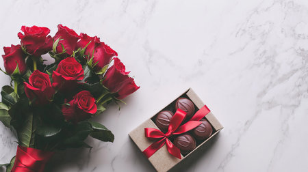 Elegant Bouquet of Red Roses with Box of Chocolate Tied with Ribbon on Marble Background. Concept of Valentine's Day, Romance, and Romantic Gift Ideas. Copy space.の写真素材