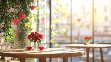 Bright Eco-Friendly Cafe with Large Windows and Greenery, Featuring Red Roses and Heart Decorations. Concept of Sustainable Dining, Romantic Atmosphere, Nature-Inspired Design.. Valentine's Day. Copy space.の写真素材