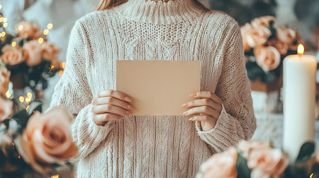 Caucasian Woman in Cozy Sweater Holding Blank Card Surrounded by Roses and Candles Concept of Warmth, Elegance, Personal Touch, and Serene Atmosphere. Valentine's Day. Mock up. Copy space.の写真素材