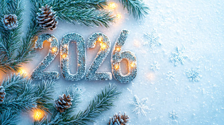 Glittering 2026 Numbers with Frosted Pine Branches and Pine Cones on Snowy Background. Concept of...