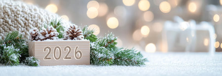 Festive Christmas Scene with 2026 Wooden Blocks and Snow-Covered Pinecones, Concept of Holiday...