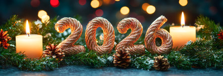 Festive Christmas 2026 Scene with Glowing Candles and Ornamental Pine Cones Crafting a Warm Holiday...