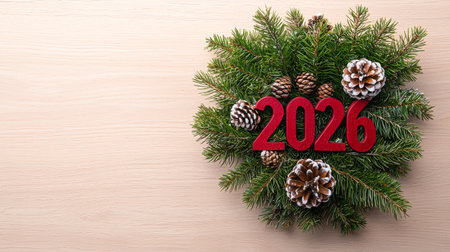 Festive Natural Christmas Wreath with Pine Cones and Red 2026 Numerals on Wood Surface Concept of...
