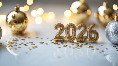 Festive Golden and Silver Holiday Ornaments with Glittering 2026 Numbers Celebrating Christmas and New Year. Christmas. Copy space.の写真素材