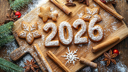 Gingerbread Cookies and Spices Celebrate Christmas 2026 on Wooden Tray: Concept of Holiday Baking,...