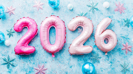 Festive Celebration Scene with Pink Balloon Numbers 2026 and Glittering Stars on Blue Background Concept of New Year Countdown Party Decor and Holiday Festivities. Christmas.の写真素材