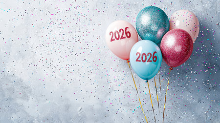 Colorful Balloons Celebrating New Year 2026 with Glittering Confetti on Light Gray Background:...