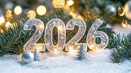 Glittering Holiday Scene with Frosted Glass Decorations and Pine Branches. Concept of Festive...