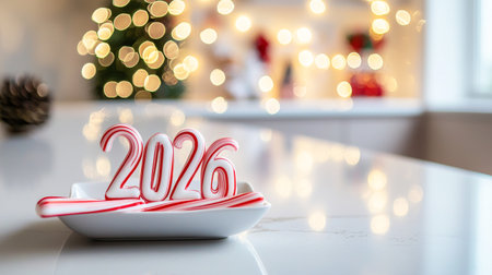 Festive Candy Cane Numbers Welcoming 2026 on a Bright Holiday Background. Concept of Christmas Celebration, New Year, Festive Decor, Holiday Spirit.. Christmas. New Year. Copy space.の写真素材