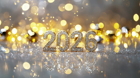 Sparkling 2026 Celebration with Golden Bokeh Lights Concept of New Year Festivity Holiday Glamour and Bright Beginnings. Christmas. New Year.の写真素材