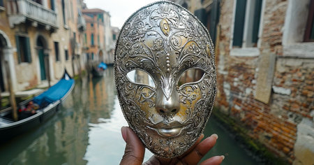 Ornate Silver Mask Held by Woman by Venetian Canal. Concept of Carnival Celebration, Cultural Heritage, Glamour, Tradition, and Iconic Venice Scenery. Venetian Carnival.の写真素材