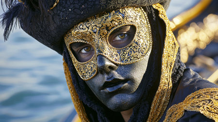 Mysterious Man in Ornate Venetian Carnival Mask by the Water. Concept of Cultural Heritage, Costume Art, Intrigue, and Enchantment. Venetian Carnival.の写真素材