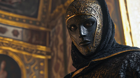 Ornate Venetian Masked Figure in Black and Gold, Close-Up in an Opulent Setting. Concept of Mystery,...