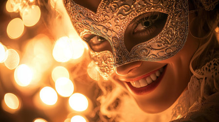 Smiling Woman in Intricate Venetian Mask Amidst Gold Lights. Concept of Carnival Celebration, Festive Mystery, Elegant Disguise, Cultural Tradition. Venetian Carnival. Copy space.の写真素材