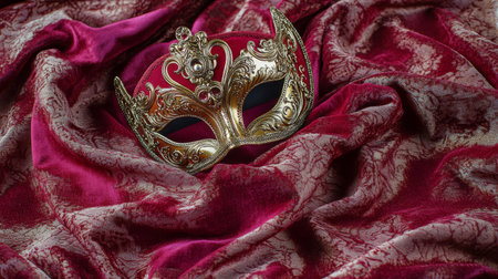 Luxurious Venetian Carnival Mask on Rich Velvet Fabric Concept of Elegance, Masquerade, Festivity, and Intricate Design.の写真素材