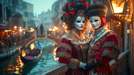 Elegant Couple in Venetian Carnival Costumes Standing by a Canal Bridge at Dusk. Concept of Historical Festival, Masked Tradition, Romantic Evening, Cultural Celebration.. Copy space.の写真素材