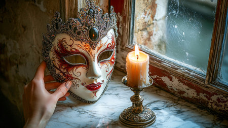 Elegant Hand Holding Venetian Carnival Mask with Intricate Design Next to Candle on Marble Window Sill - Concept of Mysterious Beauty, Festive Traditions, and Intrigue.の写真素材
