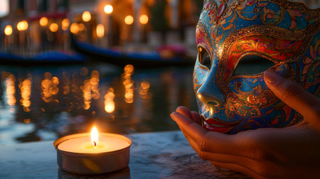 Hand Holding an Intricate Venetian Carnival Mask by Candlelight on a Canal. Concept of cultural festivals, mystery, traditional celebrations, and Italian heritage. Copy space.の写真素材
