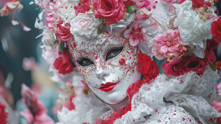 Elegant Venetian Mask with Floral Headpiece Reflecting the Timeless Beauty of Carnival Celebrations and Artistry. Copy space.の写真素材