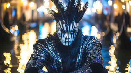 Mysterious Man in Black and Silver Costume at Venetian Carnival, Night Lights Reflecting on Canal....