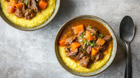 Traditional Venetian Polenta with Savory Meat and Vegetables: Culinary Delight, Italian Cuisine, Comfort Food, Rustic Dining Experience.の写真素材