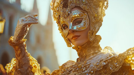 Luxurious Golden Costume at Venetian Carnival: Caucasian Woman Embracing Tradition, Masked Elegance, and Cultural Festivity.の写真素材