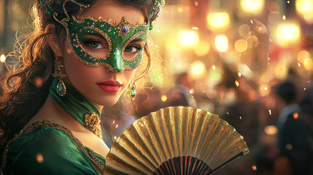 Young Woman in Vibrant Green Mask at Venetian Carnival Holding Golden Fan. Concept of Elegance, Mystery, Celebration, and Cultural Festival.. Copy space.の写真素材