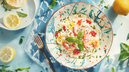 Vibrant Italian Seafood Risotto Served in Artistic Bowl with Fresh Lemon and Basil. Concept of Mediterranean Cuisine, Culinary Art, Gourmet Dining, Fresh Ingredients.の写真素材