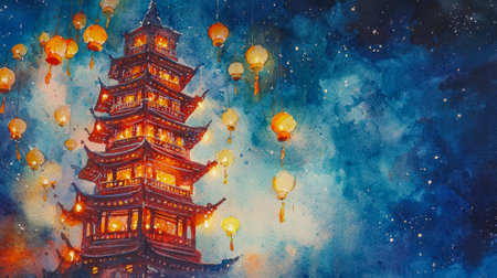 Vibrant Chinese New Year Celebration with Illuminated Pagoda and Floating Lanterns in Watercolor...