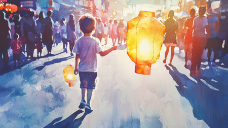 Child Holding Lantern at Chinese New Year Celebration Watercolor Scene. Concept of Culture, Tradition, Festive Parade, and Community Gathering.の写真素材