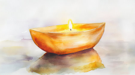 Golden Candle Illuminating Tranquil Reflections in Watercolor Art. Concept of Chinese New Year, peace, spirituality, cultural tradition, and serene celebrations.の写真素材