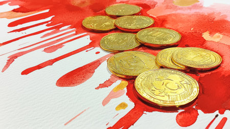 Chinese New Year Illustration with Scattered Gold Coins on Red Watercolor Background - Concept of...