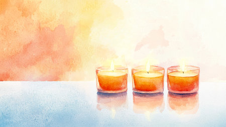 Chinese New Year Watercolor of Three Bright Candles Reflecting Warmth and Serenity in a Harmonious Setting. Copy space.の写真素材