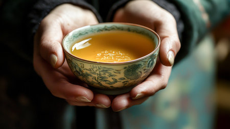 Woman's Hands Holding Porcelain Cup with Chinese New Year Tea. Concept of Cultural Traditions, Festivity, Celebration, Heritage.の写真素材
