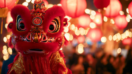 Vibrant Chinese Lion Dance Celebration Close-Up with Colorful Lanterns and Festive Lights, Embracing Cultural Heritage and Traditional Festive Performance. Chinese New Year.の写真素材