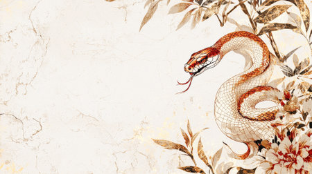 Elegant Chinese New Year Art Featuring a Coiled Snake in Gold and Red, Symbolizing Prosperity, Good Fortune, and Tradition in a Festive Illustration. Copy space.の写真素材
