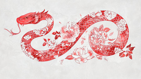 Elegant Red Snake with Floral Patterns in Simplified Chinese New Year Art. Concept of Lunar...