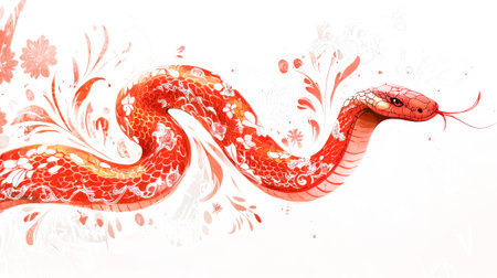 Red Snake Illustration Celebrating Chinese New Year: Symbol of Renewal, Prosperity, and Cultural Festivity.の写真素材