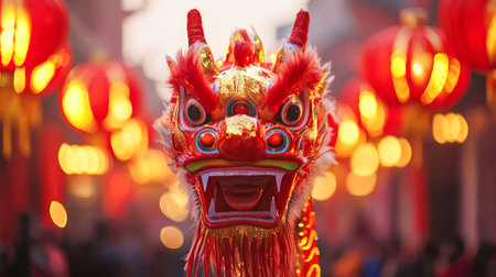 Traditional Chinese Dragon Head Amidst Vibrant Lanterns During Chinese New Year Celebration. Concept of Cultural Heritage, Festive Traditions, Symbolism, and Community Joy.の写真素材