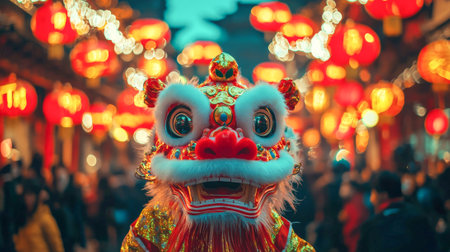 Vibrant Chinese New Year Celebration with Traditional Dragon Dance in a Festive Market Scene....