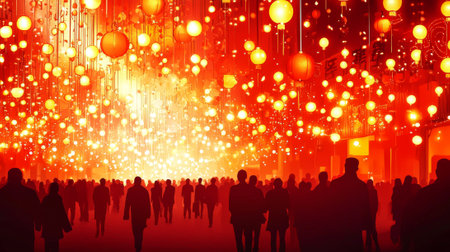 Festive Chinese New Year Street Market with Vibrant Red Lanterns Glowing at Night, Concept of...