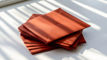 Close Up of a Stack of Red Envelopes on a Sunlit Table - Concept of Postal Communication, Festive...