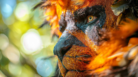 Vibrant Lion Costume Close-Up with Detailed Fur and Textures in Bright Sunlight. Concept of Cultural Celebrations, Traditional Arts, Craftsmanship, and Festive Spirit. Chinese New Year.の写真素材